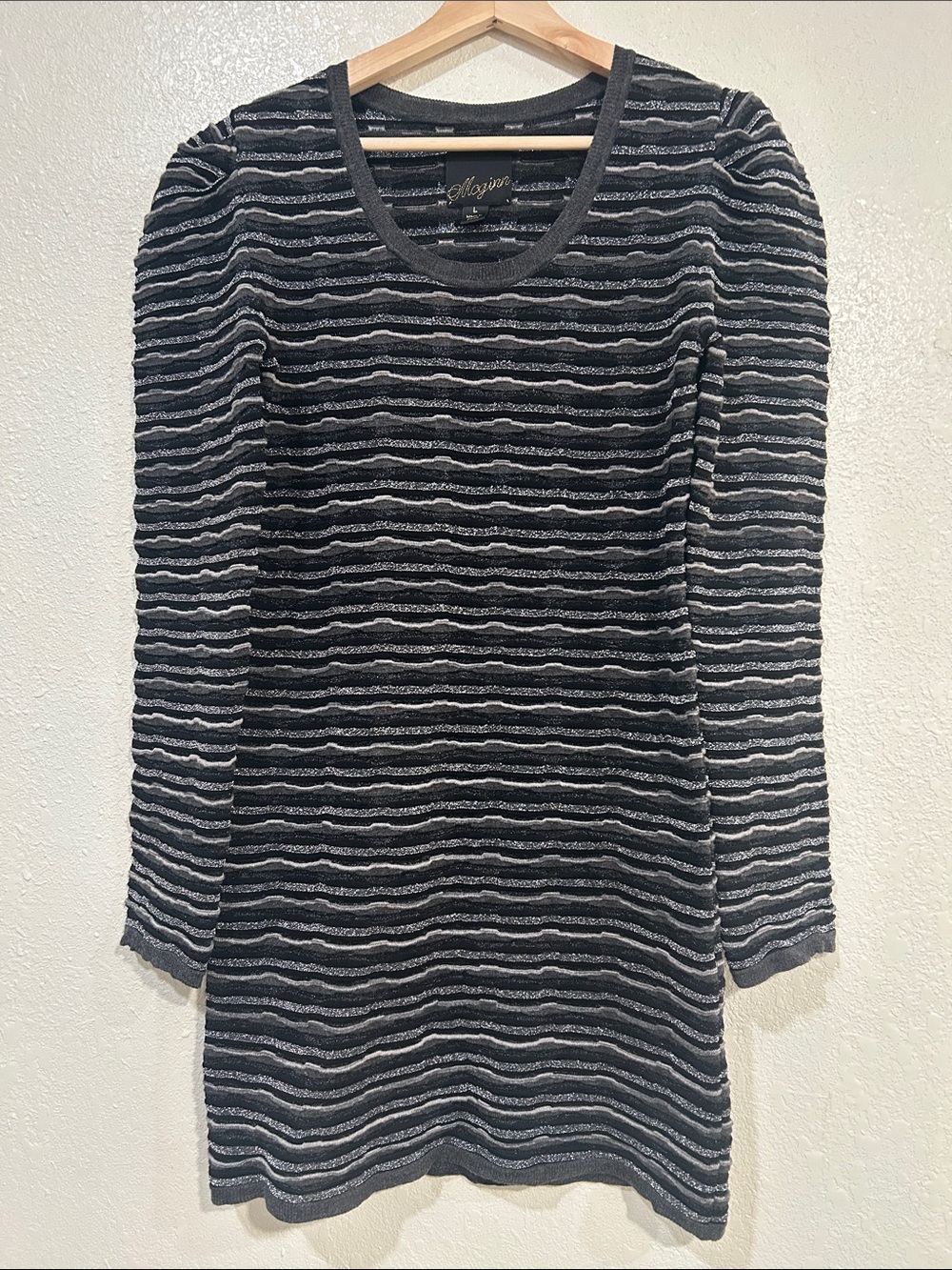 McGinn Women's Black Sparkle Ribbed Long-Sleeve Mini Dress Sz Lg